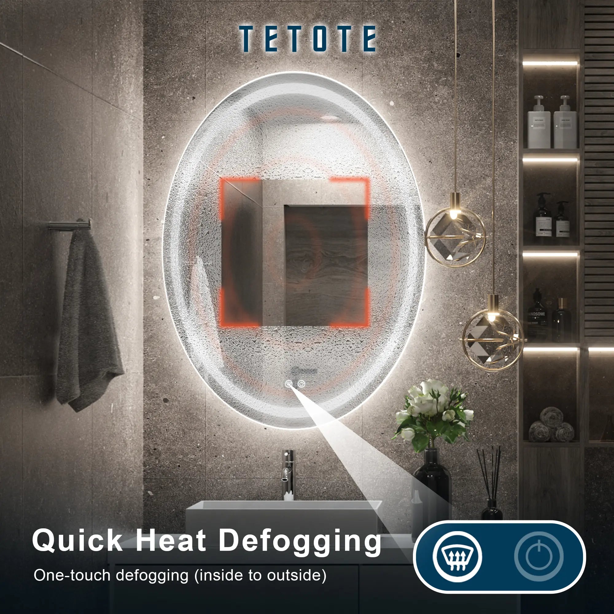 TETOTE oval backlit LED bathroom mirror with anti-fog defogger