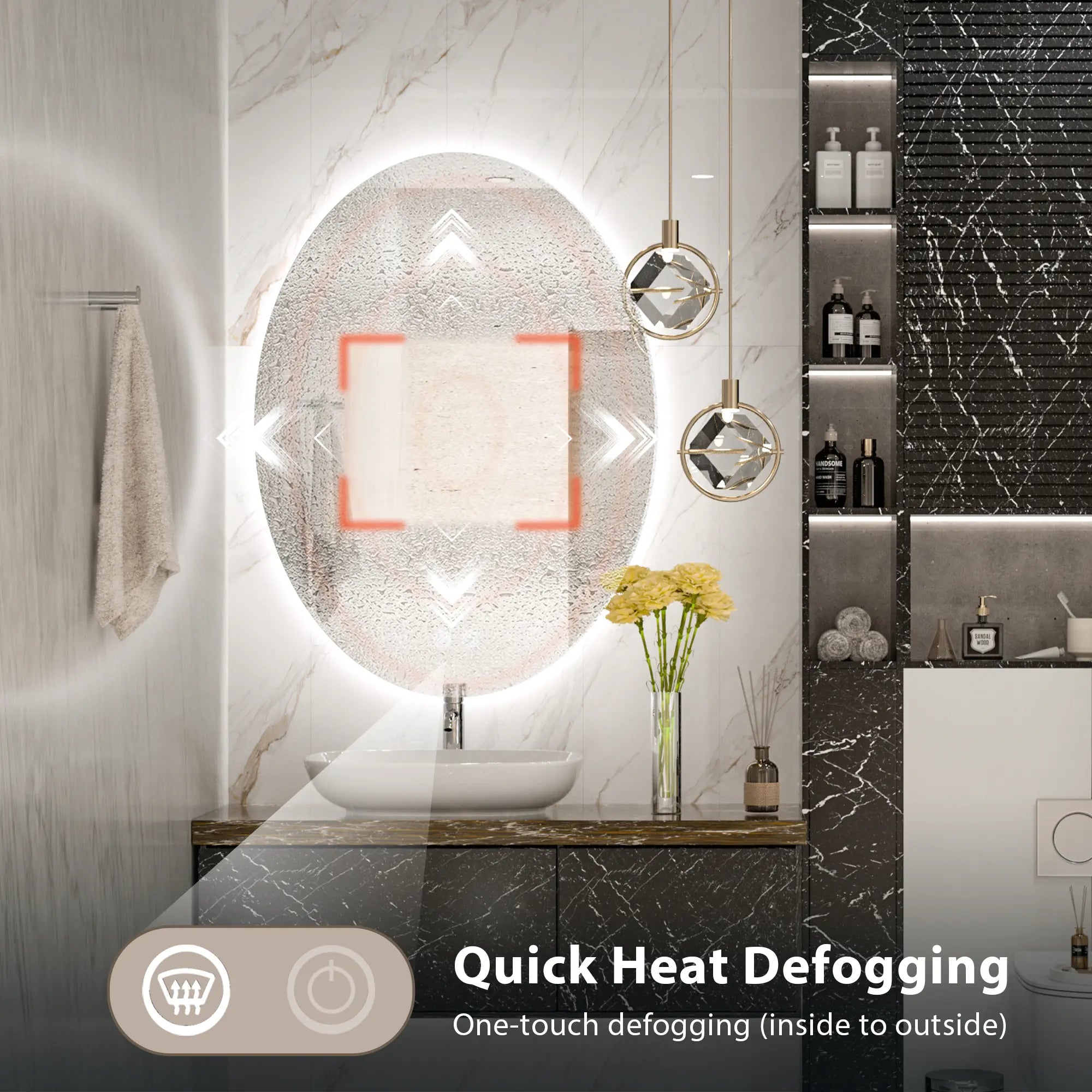 TETOTE oval frontlit LED bathroom mirror with anti-fog defogger