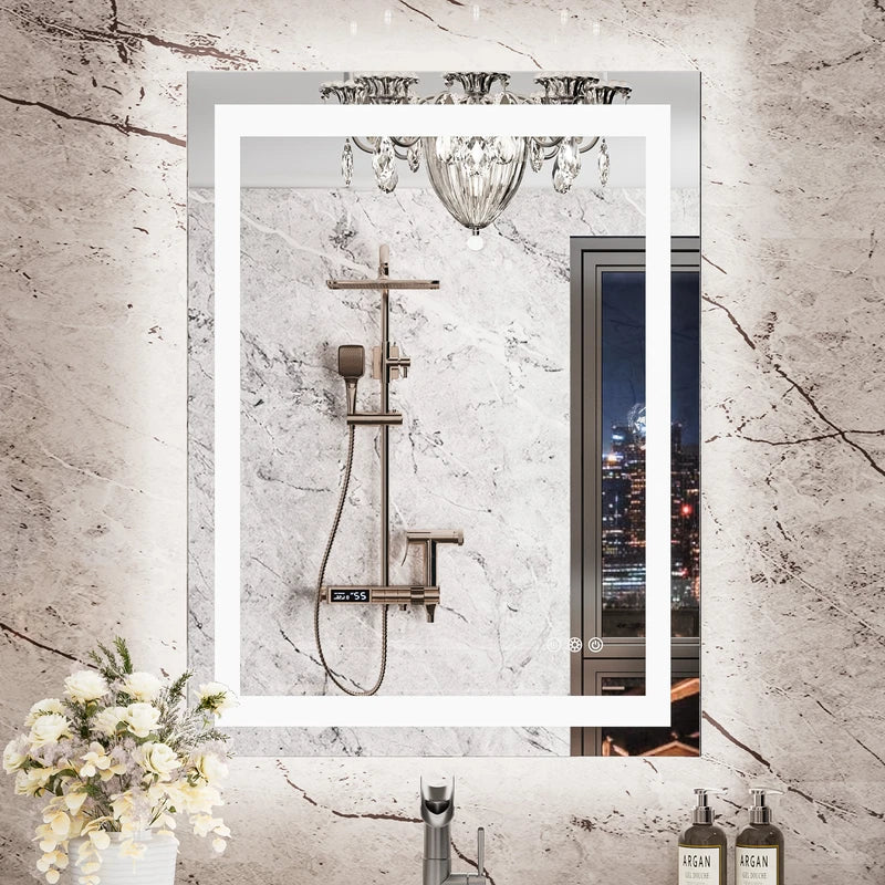 |32x24 inch LED bathroom mirror with anti-fog, stepless dimmable backlit and frontlit, and 3 color temperatures for versatile vanity lighting by TETOTE.