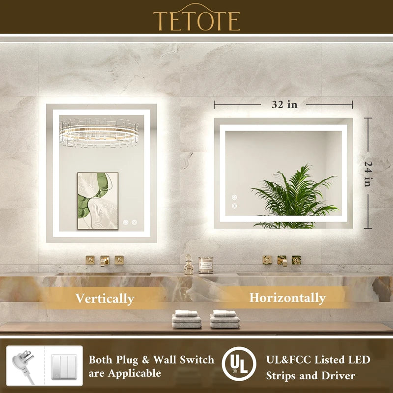 |32x24 inch LED bathroom mirror with easy installation kit, supports vertical or horizontal mounting, plug-in or hardwire.