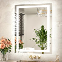 |32x24 inch LED bathroom mirror with anti-fog, dimmable backlit and front lit 3-color light for wall vanity.
