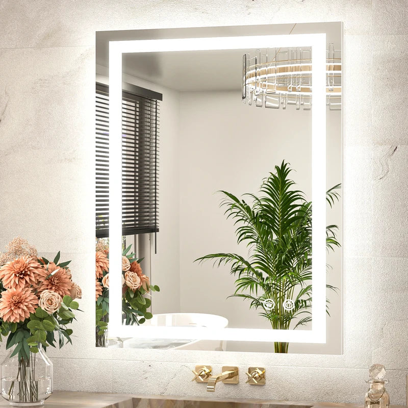 |32x24 inch LED bathroom mirror with anti-fog, dimmable backlit and front lit 3-color light for wall vanity.
