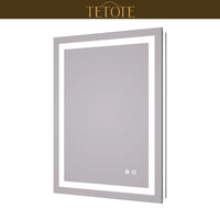 |32x24 inch LED bathroom mirror featuring shatterproof tempered glass, smart touch controls, and high-brightness anti-fog technology.