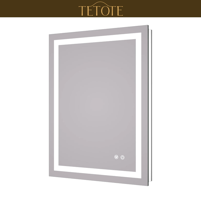 |32x24 inch LED bathroom mirror featuring shatterproof tempered glass, smart touch controls, and high-brightness anti-fog technology.