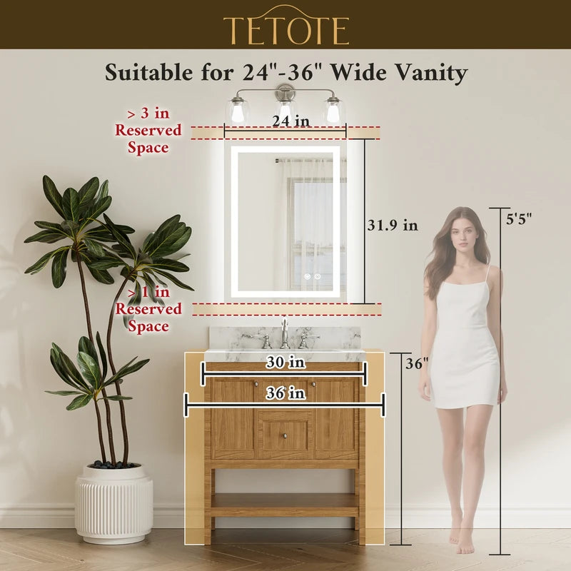 |32x24 inch LED bathroom mirror dimensions, perfect for standard bathroom setup, fits single or double sink vanities