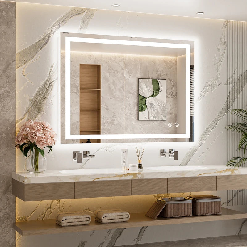 |32x40 inch LED bathroom mirror, backlit and front lit vanity light with anti-fog defogger, dimmable brightness, and 3 color temperatures.