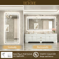 |32x72 inch LED bathroom mirror with easy installation kit, supports vertical or horizontal mounting, plug-in or hardwire.