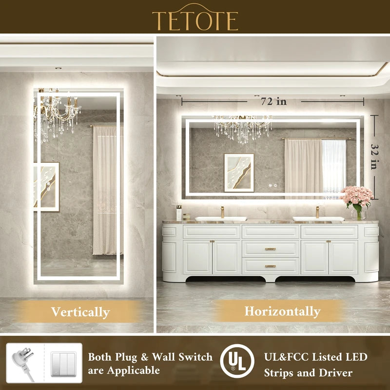 |32x72 inch LED bathroom mirror with easy installation kit, supports vertical or horizontal mounting, plug-in or hardwire.