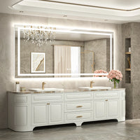 |32x72 inch LED bathroom mirror, backlit and front lit vanity light with anti-fog defogger, dimmable brightness, and 3 color temperatures.