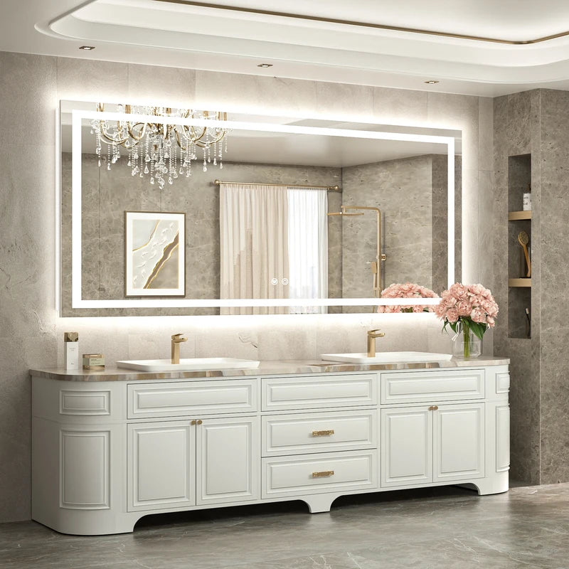 |32x72 inch LED bathroom mirror, backlit and front lit vanity light with anti-fog defogger, dimmable brightness, and 3 color temperatures.