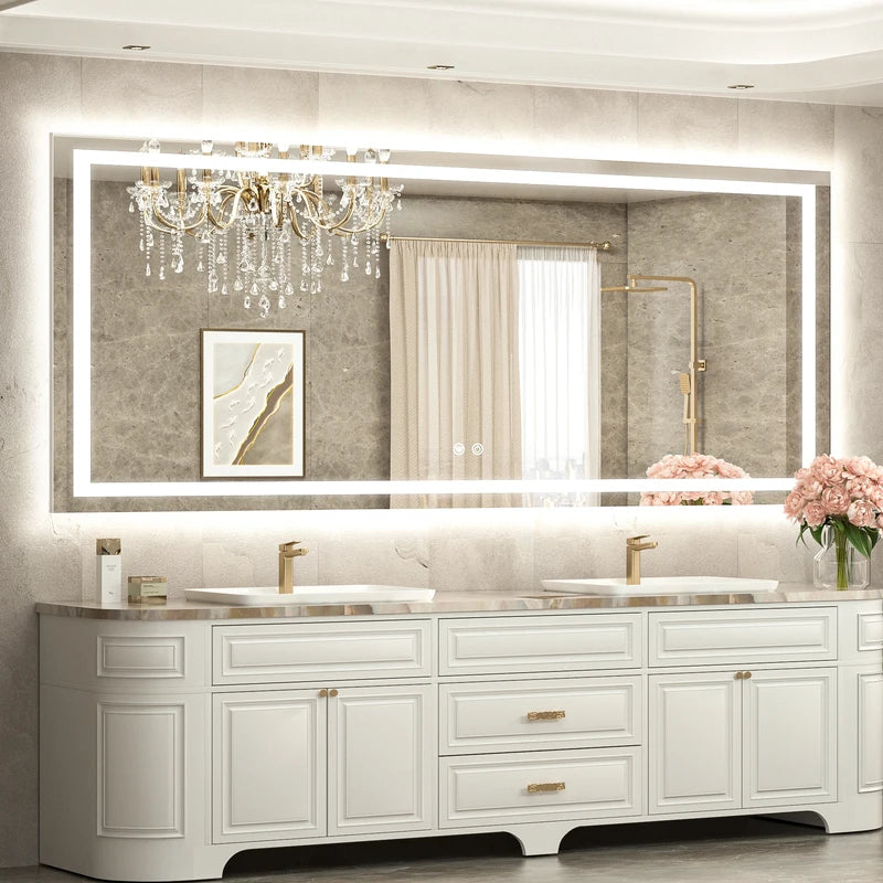 |32x72 inch LED bathroom mirror with anti-fog, dimmable backlit and front lit 3-color light for wall vanity.