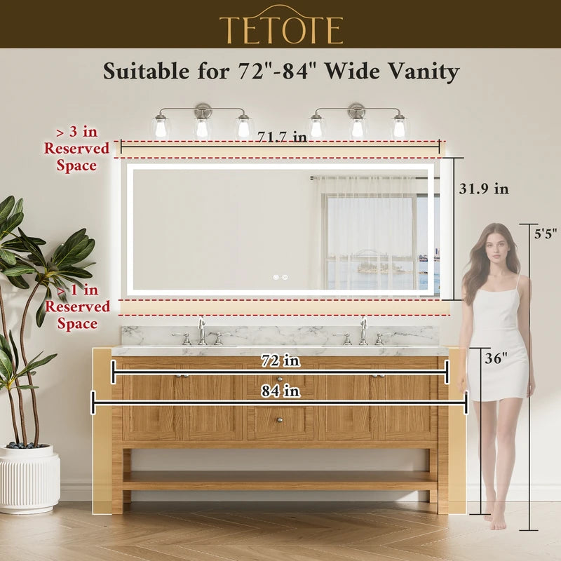 |32x72 inch LED bathroom mirror dimensions, designed for large bathrooms, double vanities, and luxury lighting coverage