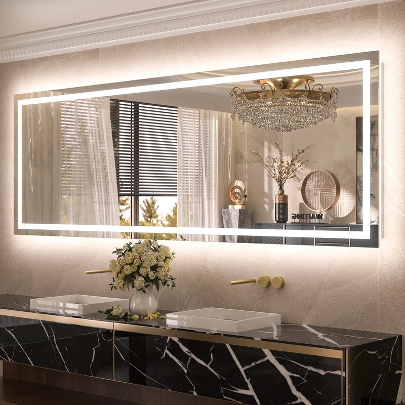 |32x84 inch LED bathroom mirror with anti-fog, stepless dimmable backlit and frontlit, and 3 color temperatures for versatile vanity lighting by TETOTE.