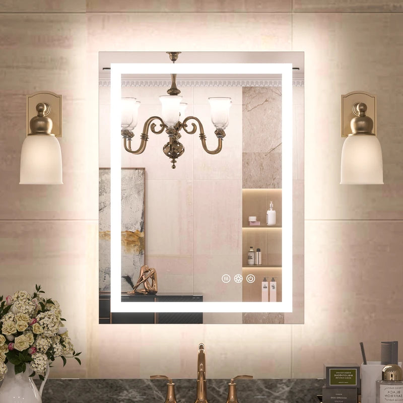 |36x24 inch LED bathroom mirror with anti-fog, stepless dimmable backlit and frontlit, and 3 color temperatures for versatile vanity lighting by TETOTE.