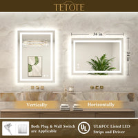 |36x24 inch LED bathroom mirror with easy installation kit, supports vertical or horizontal mounting, plug-in or hardwire.