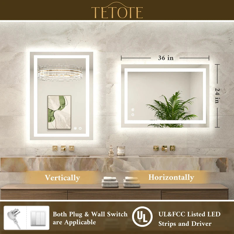 |36x24 inch LED bathroom mirror with easy installation kit, supports vertical or horizontal mounting, plug-in or hardwire.