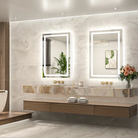 |36x24 inch LED bathroom mirror, backlit and front lit vanity light with anti-fog defogger, dimmable brightness, and 3 color temperatures.