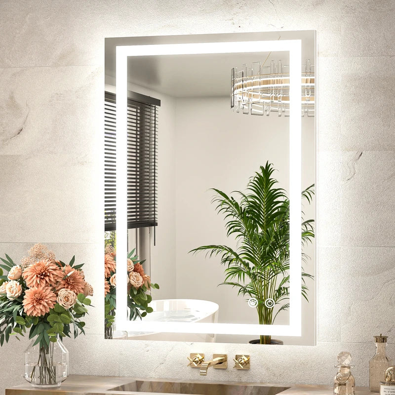 |36x24 inch LED bathroom mirror with anti-fog, dimmable backlit and front lit 3-color light for wall vanity.