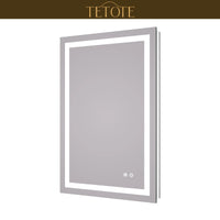 |36x24 inch LED bathroom mirror featuring shatterproof tempered glass, smart touch controls, and high-brightness anti-fog technology.