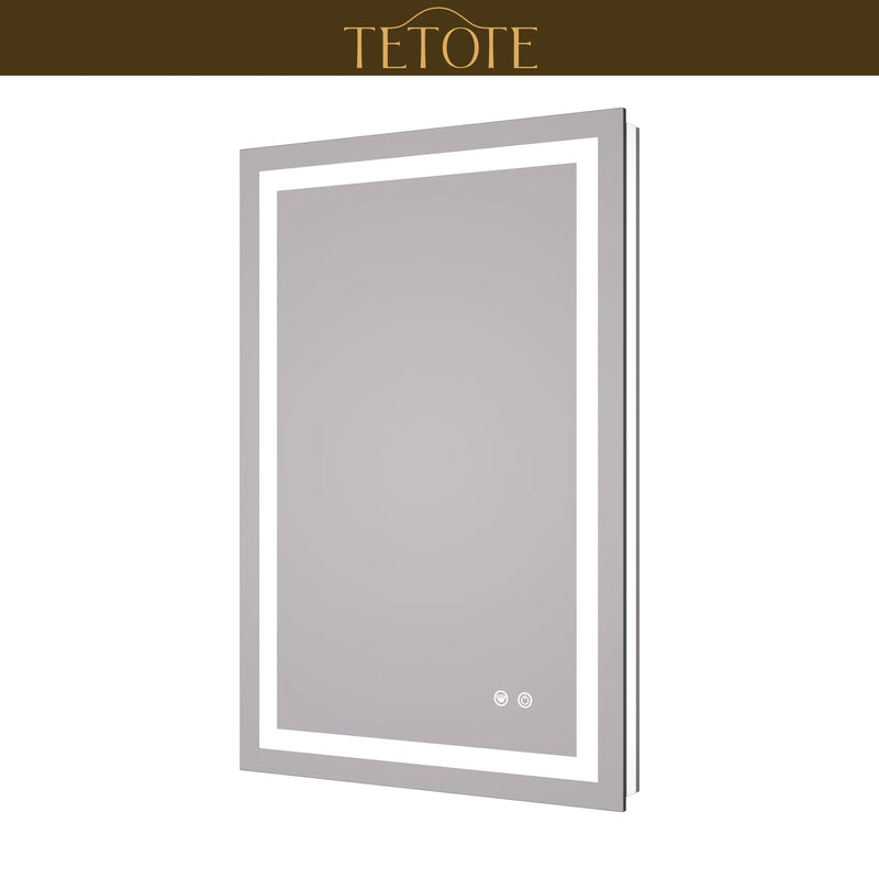|36x24 inch LED bathroom mirror featuring shatterproof tempered glass, smart touch controls, and high-brightness anti-fog technology.
