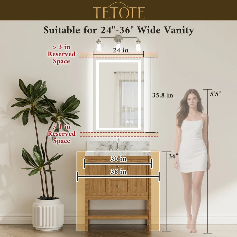 |36x24 inch LED bathroom mirror dimensions, perfect for standard bathroom setup, fits single or double sink vanities