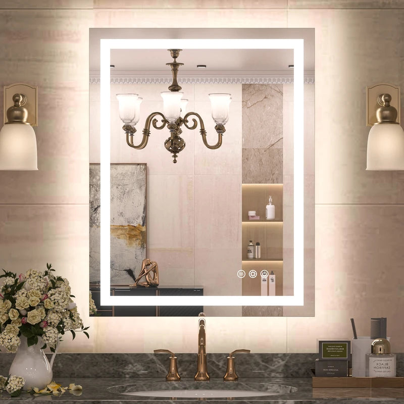 |36x28 inch LED bathroom mirror with anti-fog, stepless dimmable backlit and frontlit, and 3 color temperatures for versatile vanity lighting by TETOTE.