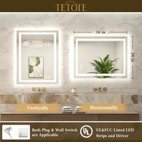 |36x28 inch LED bathroom mirror with easy installation kit, supports vertical or horizontal mounting, plug-in or hardwire