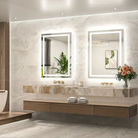 |36x28 inch LED bathroom mirror, backlit and front lit vanity light with anti-fog defogger, dimmable brightness, and 3 color temperatures.