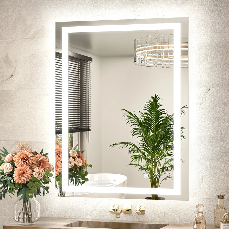 |36x28 inch LED bathroom mirror with anti-fog, dimmable backlit and front lit 3-color light for wall vanity.