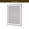 |36x28 inch LED bathroom mirror featuring shatterproof tempered glass, smart touch controls, and high-brightness anti-fog technology.