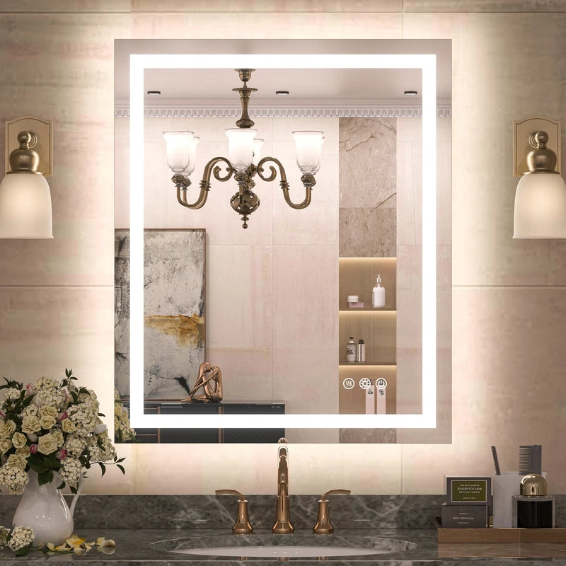 |36x30 inch LED bathroom mirror with anti-fog, stepless dimmable backlit and frontlit, and 3 color temperatures for versatile vanity lighting by TETOTE.