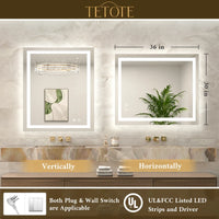 |36x30 inch LED bathroom mirror with easy installation kit, supports vertical or horizontal mounting, plug-in or hardwire.