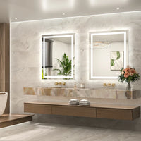|36x30 inch LED bathroom mirror, backlit and front lit vanity light with anti-fog defogger, dimmable brightness, and 3 color temperatures.