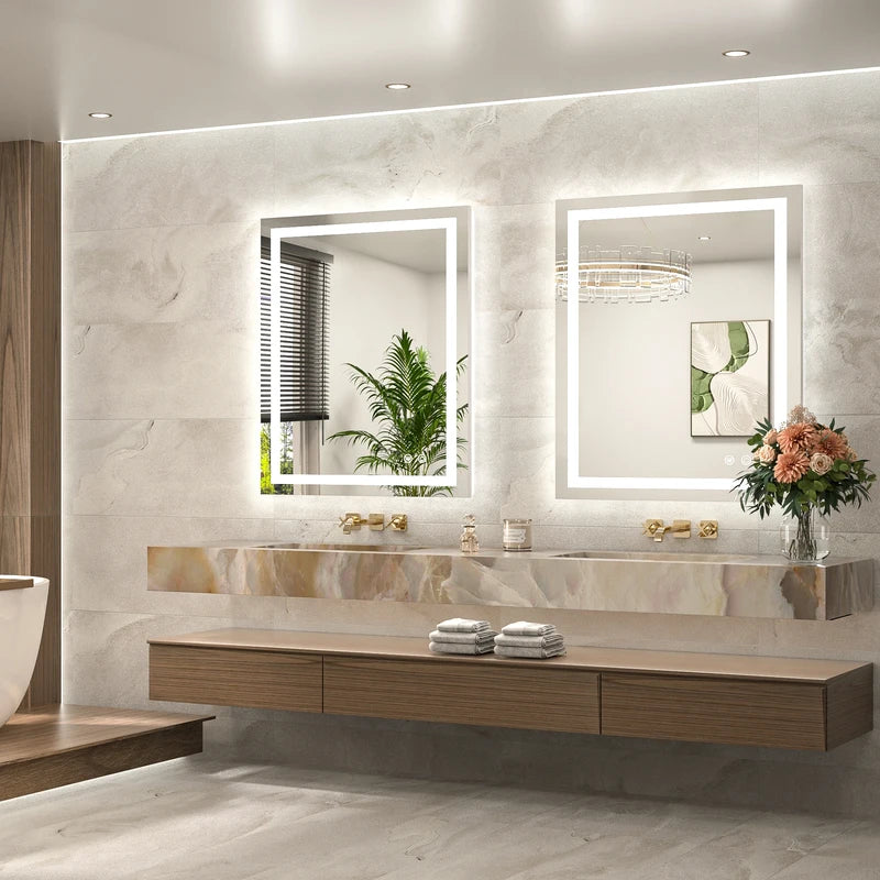 |36x30 inch LED bathroom mirror, backlit and front lit vanity light with anti-fog defogger, dimmable brightness, and 3 color temperatures.
