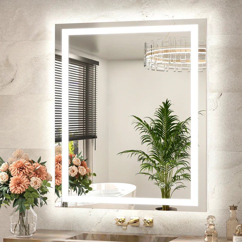 |36x30 inch LED bathroom mirror with anti-fog, dimmable backlit and front lit 3-color light for wall vanity.