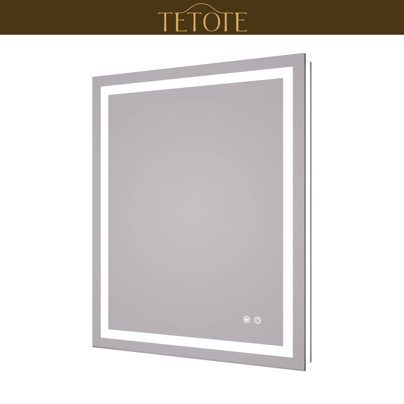 |36x30 inch LED bathroom mirror featuring shatterproof tempered glass, smart touch controls, and high-brightness anti-fog technology.