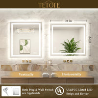 |36x32 inch LED bathroom mirror with easy installation kit, supports vertical or horizontal mounting, plug-in or hardwire.