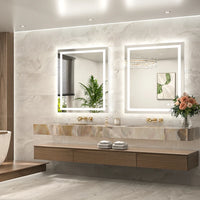 |36x32 inch LED bathroom mirror, backlit and front lit vanity light with anti-fog defogger, dimmable brightness, and 3 color temperatures.