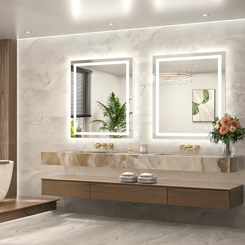|36x32 inch LED bathroom mirror, backlit and front lit vanity light with anti-fog defogger, dimmable brightness, and 3 color temperatures.