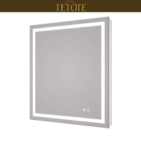 |36x32 inch LED bathroom mirror featuring shatterproof tempered glass, smart touch controls, and high-brightness anti-fog technology.