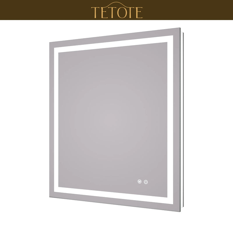 |36x32 inch LED bathroom mirror featuring shatterproof tempered glass, smart touch controls, and high-brightness anti-fog technology.