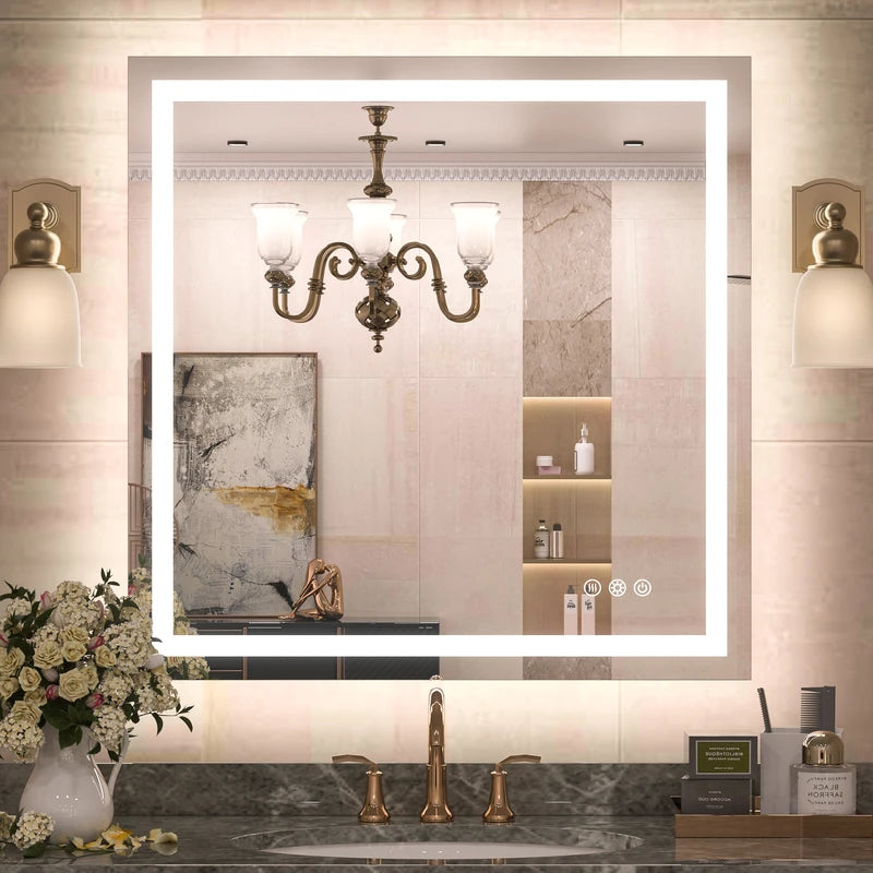 |36x36 inch LED bathroom mirror with anti-fog, stepless dimmable backlit and frontlit, and 3 color temperatures for versatile vanity lighting by TETOTE.