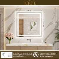 |36x36 inch LED bathroom mirror with easy installation kit, supports vertical or horizontal mounting, plug-in or hardwire.