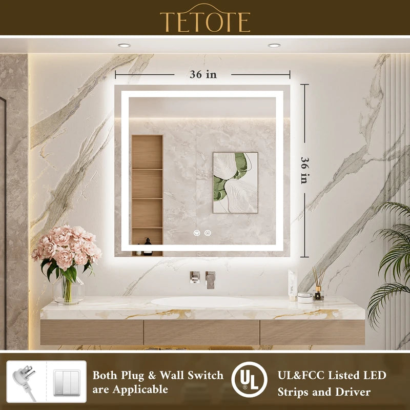 |36x36 inch LED bathroom mirror with easy installation kit, supports vertical or horizontal mounting, plug-in or hardwire.