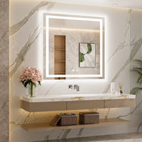 |36x36 inch LED bathroom mirror, backlit and front lit vanity light with anti-fog defogger, dimmable brightness, and 3 color temperatures.