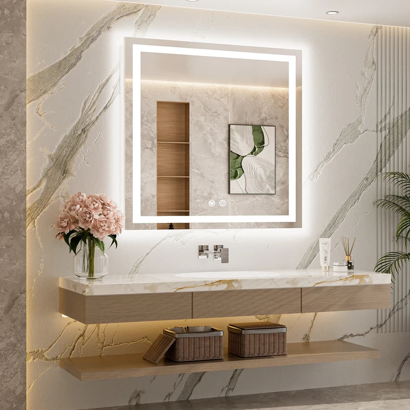 |36x36 inch LED bathroom mirror, backlit and front lit vanity light with anti-fog defogger, dimmable brightness, and 3 color temperatures.