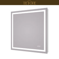 |36x36 inch LED bathroom mirror featuring shatterproof tempered glass, smart touch controls, and high-brightness anti-fog technology.