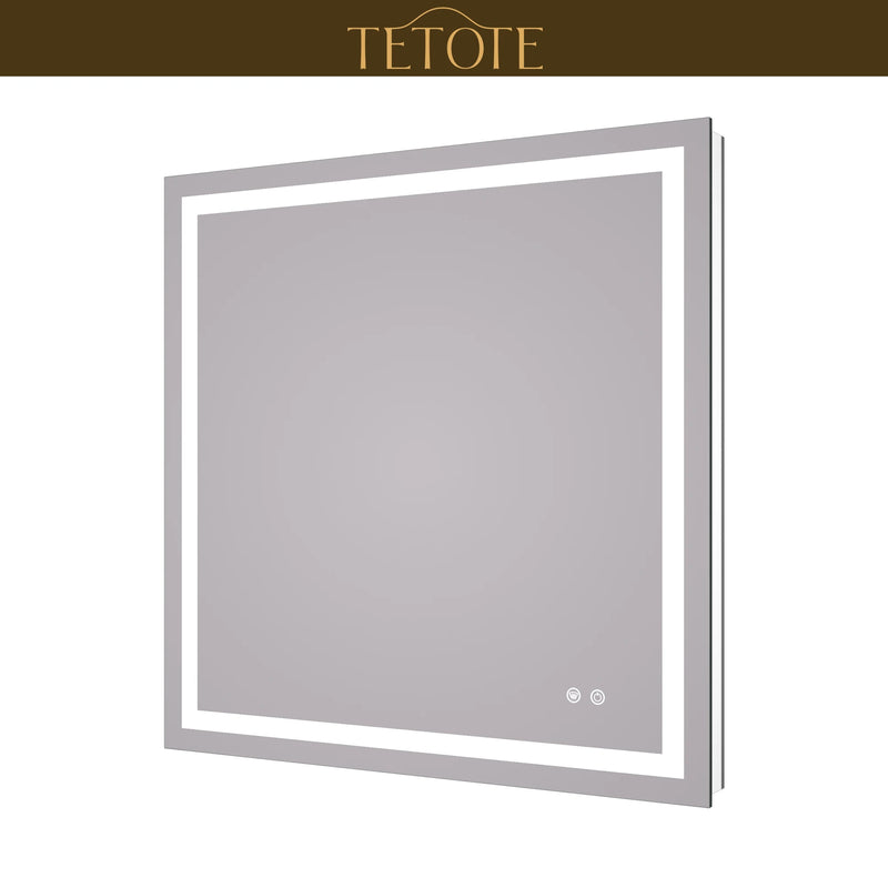 |36x36 inch LED bathroom mirror featuring shatterproof tempered glass, smart touch controls, and high-brightness anti-fog technology.