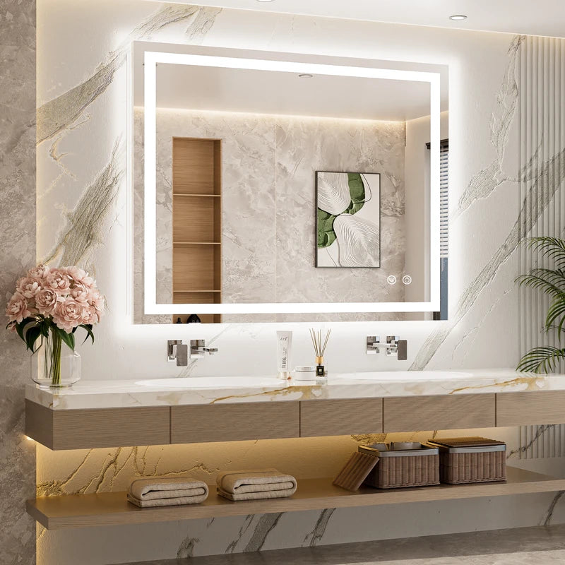|36x42 inch LED bathroom mirror, backlit and front lit vanity light with anti-fog defogger, dimmable brightness, and 3 color temperatures.