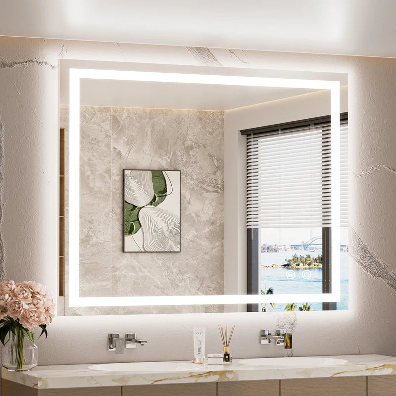 |36x42 inch LED bathroom mirror with anti-fog, dimmable backlit and front lit 3-color light for wall vanity.